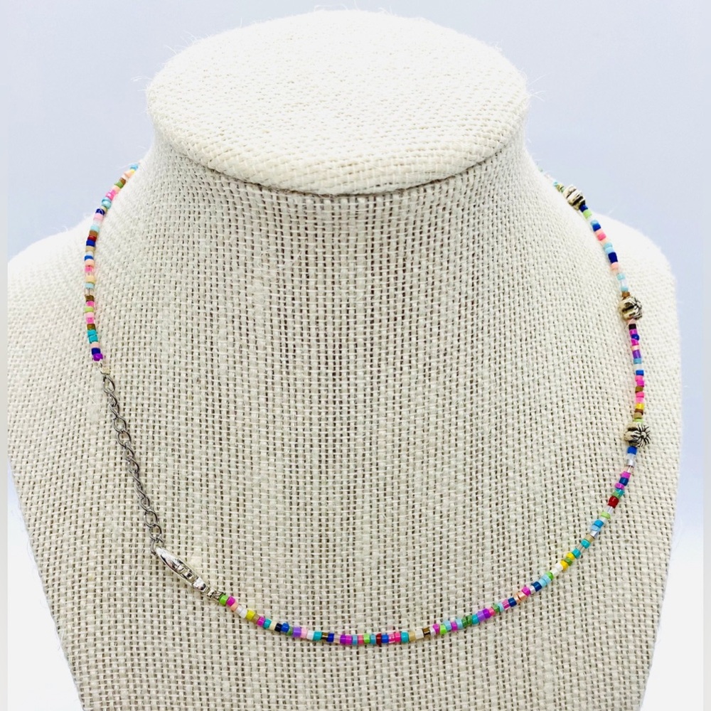 Multi-Color/Silver Flower Beaded Choker Necklace Boho Summer Preppy Coastal - Picture 4 of 6
